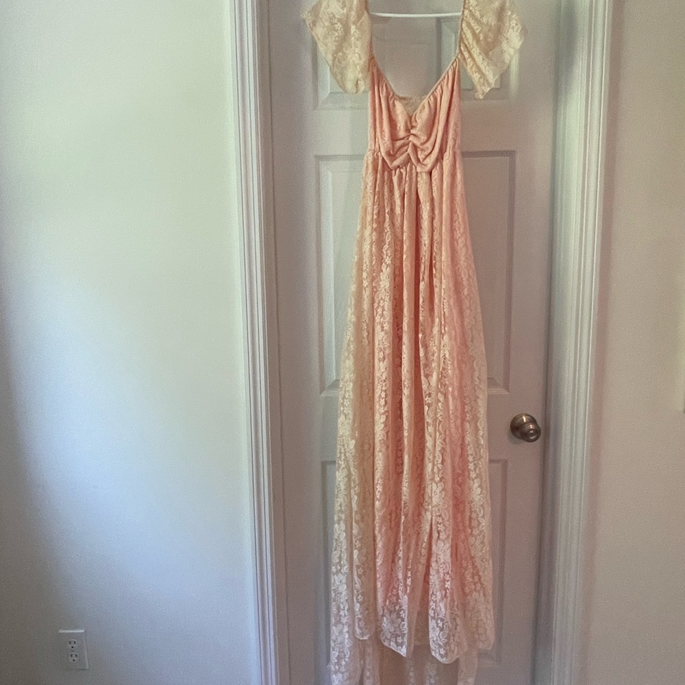 Elegant Lace Off-Shoulder Maternity Dress in Peach